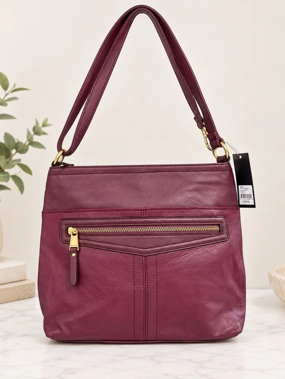 Tignanello Pretty Pockets Chianti Leather Crossbody Bag Burgundy Gold Hardware N